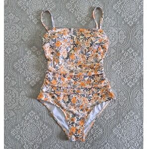 Cupshe Floral One Piece Swimsuit Tummy Control Ruched Orange Blue Medium NWT